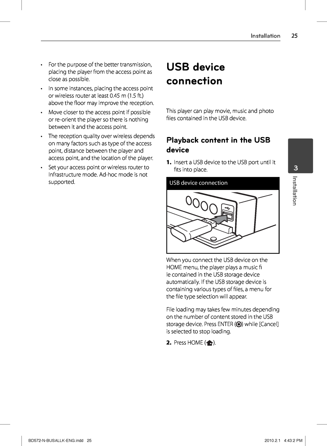 LG Electronics BD570 owner manual USB device connection, Playback content in the USB device, Installation 
