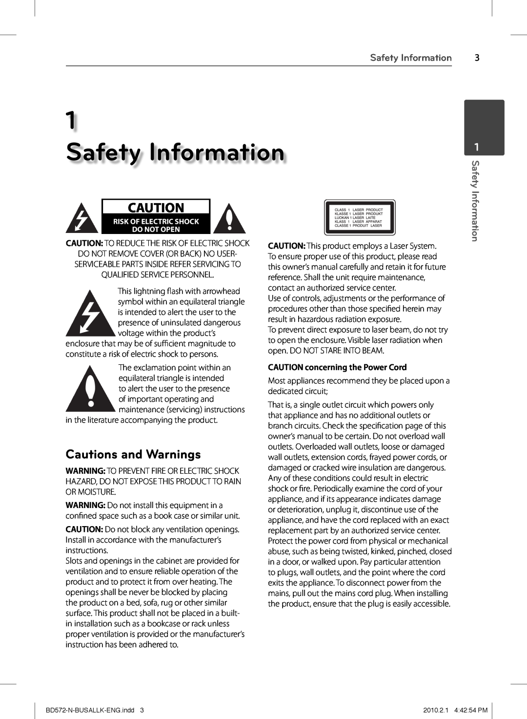 LG Electronics BD570 owner manual Cautions and Warnings, Safety Information, CAUTION concerning the Power Cord 