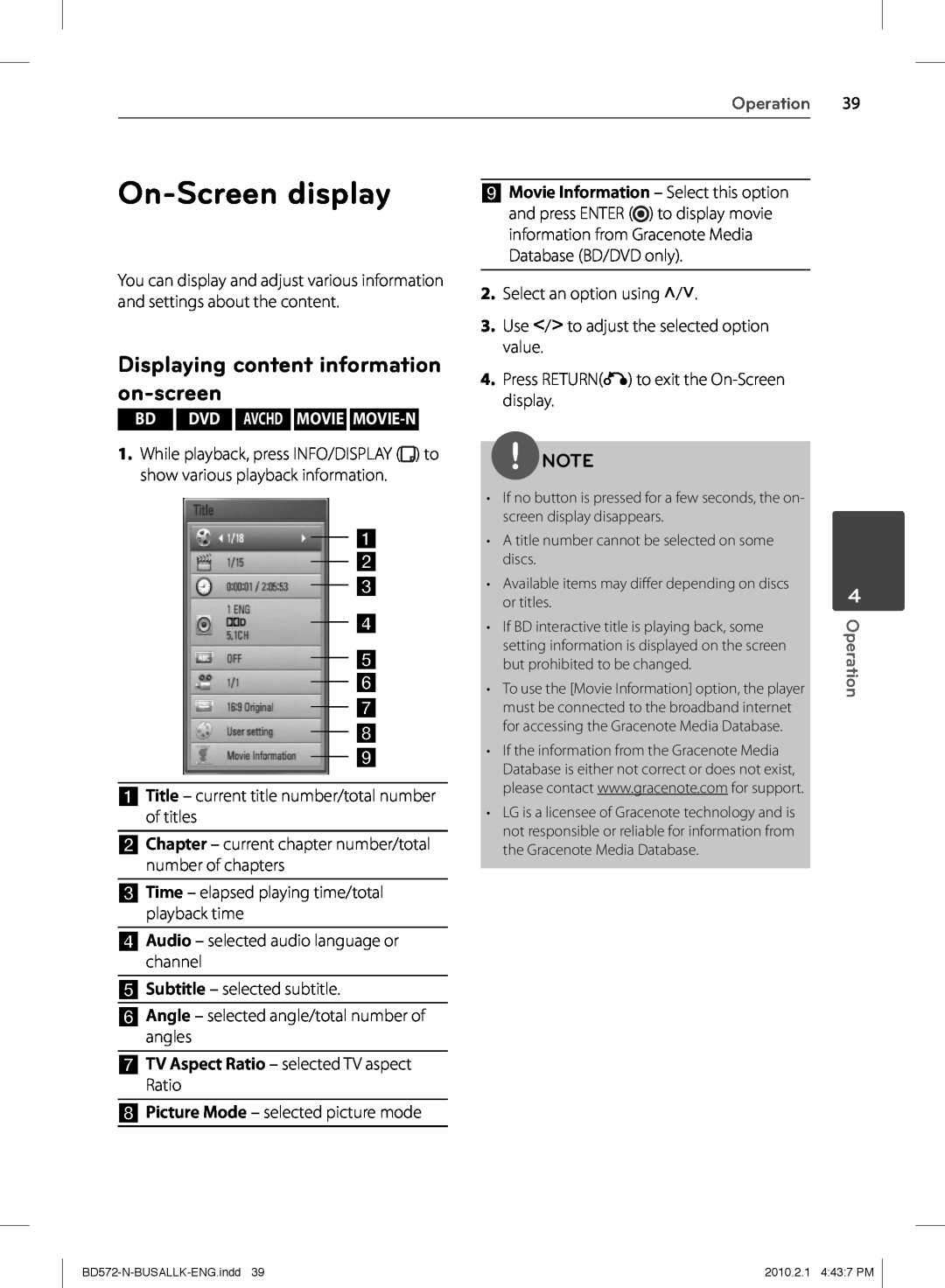 LG Electronics BD570 owner manual On-Screen display, Displaying content information on-screen, a b c d e f g h, Operation 
