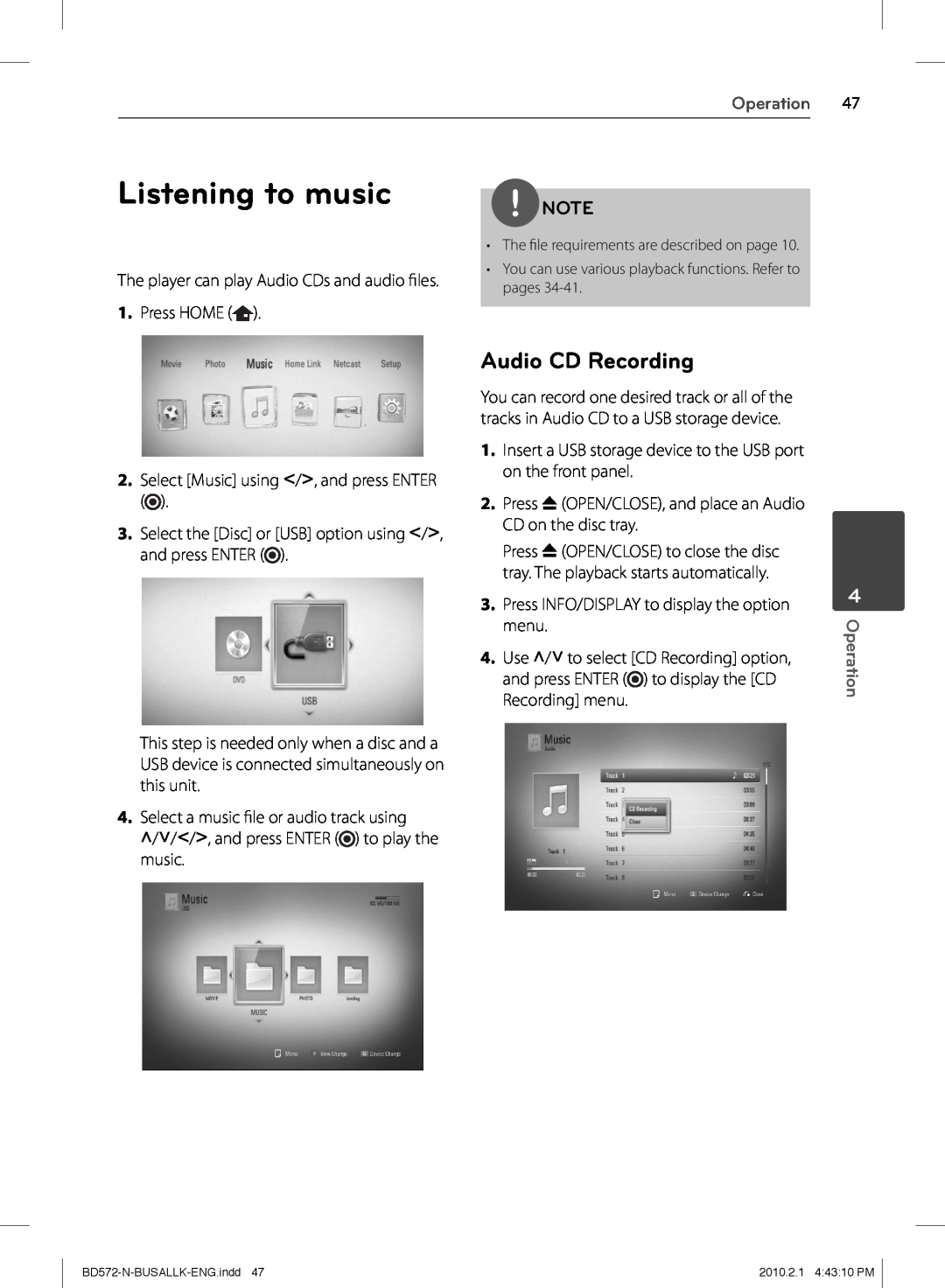 LG Electronics BD570 owner manual Listening to music, Audio CD Recording, Operation 