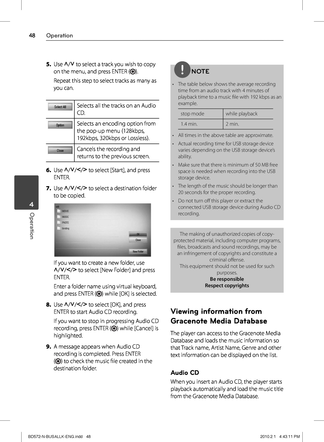LG Electronics BD570 owner manual Viewing information from Gracenote Media Database, Audio CD, Operation 