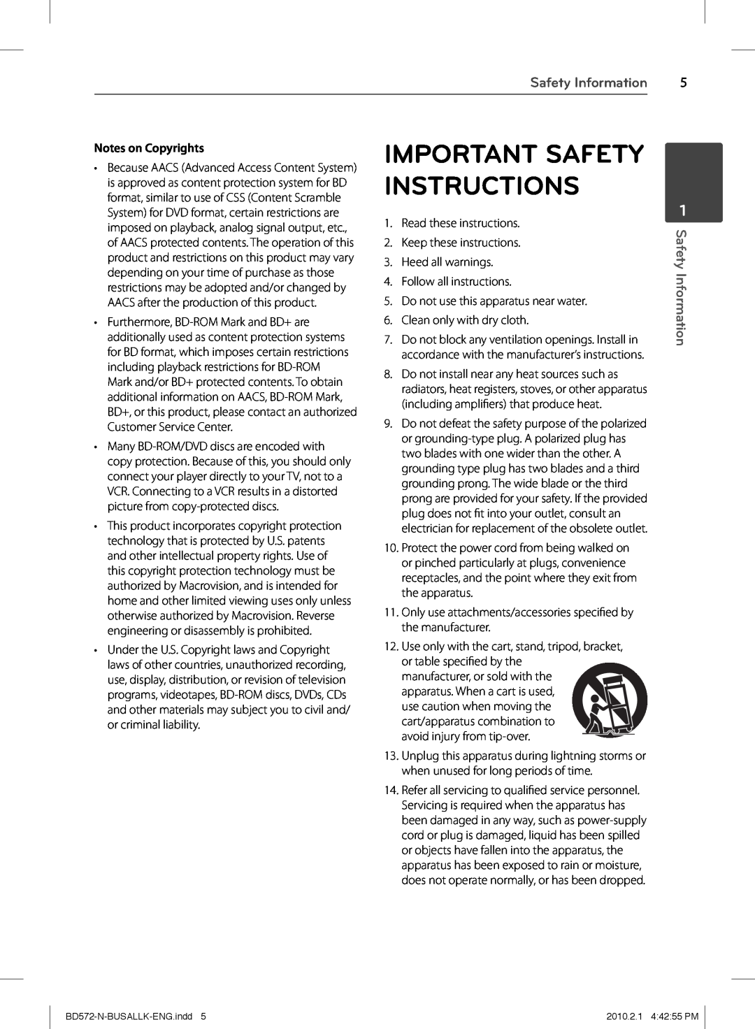 LG Electronics BD570 owner manual Important Safety Instructions, Safety Information, Notes on Copyrights 
