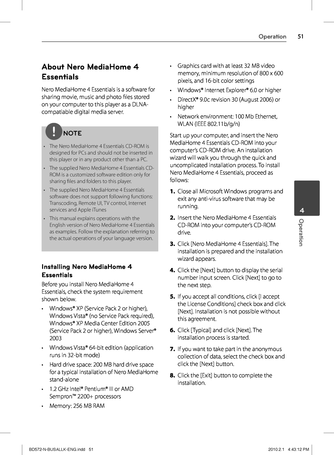 LG Electronics BD570 owner manual About Nero MediaHome 4 Essentials, Installing Nero MediaHome 4 Essentials, Operation 