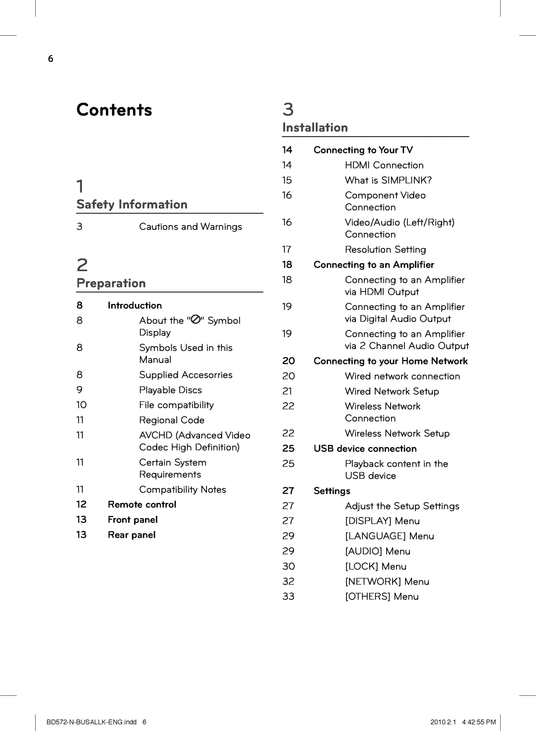LG Electronics BD570 owner manual Contents, Safety Information, Preparation, Installation 