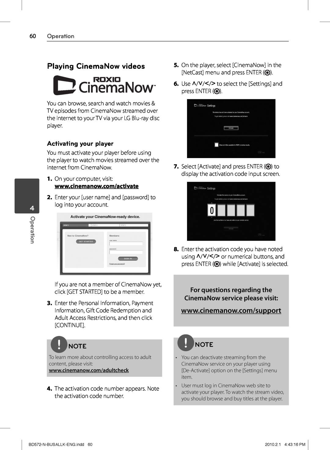 LG Electronics BD570 Playing CinemaNow videos, For questions regarding the CinemaNow service please visit, Operation 