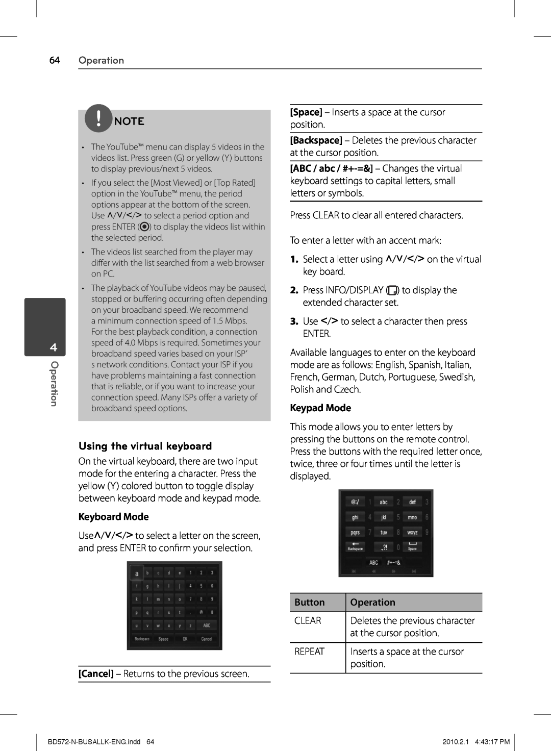 LG Electronics BD570 owner manual Using the virtual keyboard, Operation 