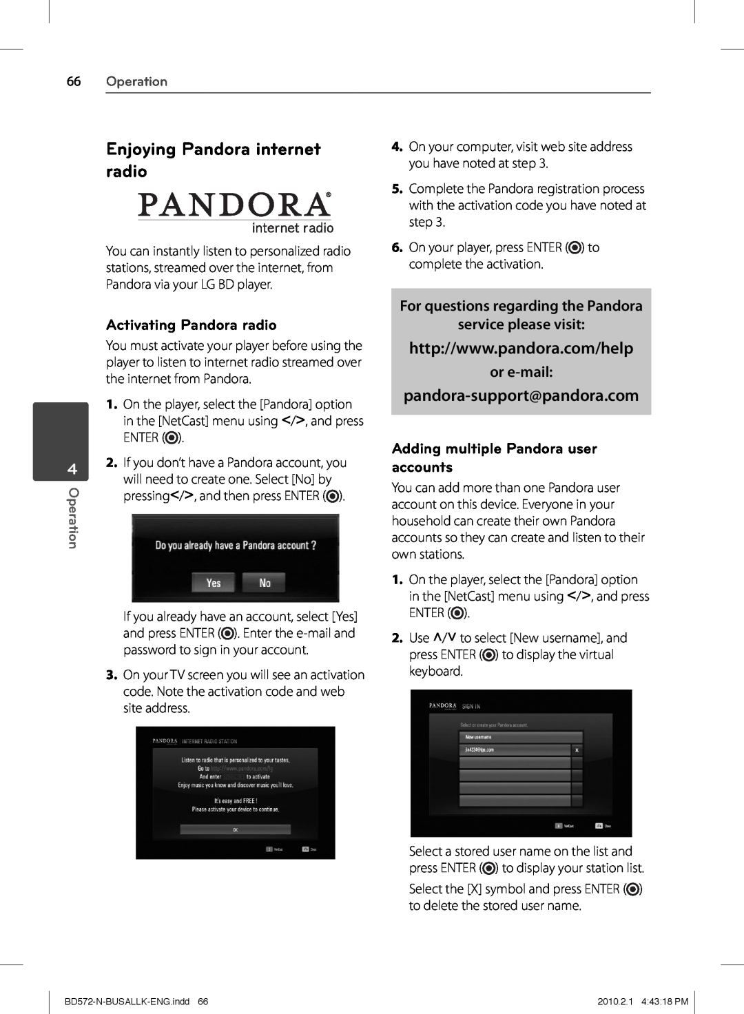 LG Electronics BD570 Enjoying Pandora internet radio, pandora-support@pandora.com, Activating Pandora radio, or e-mail 