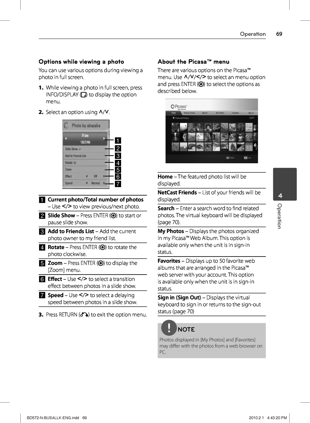 LG Electronics BD570 owner manual Options while viewing a photo, About the Picasa menu, a b c d e f g, Operation 