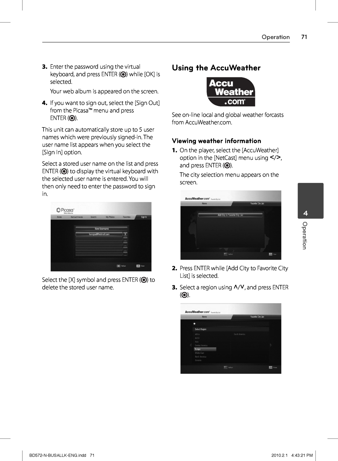 LG Electronics BD570 owner manual Using the AccuWeather, Viewing weather information, Operation 