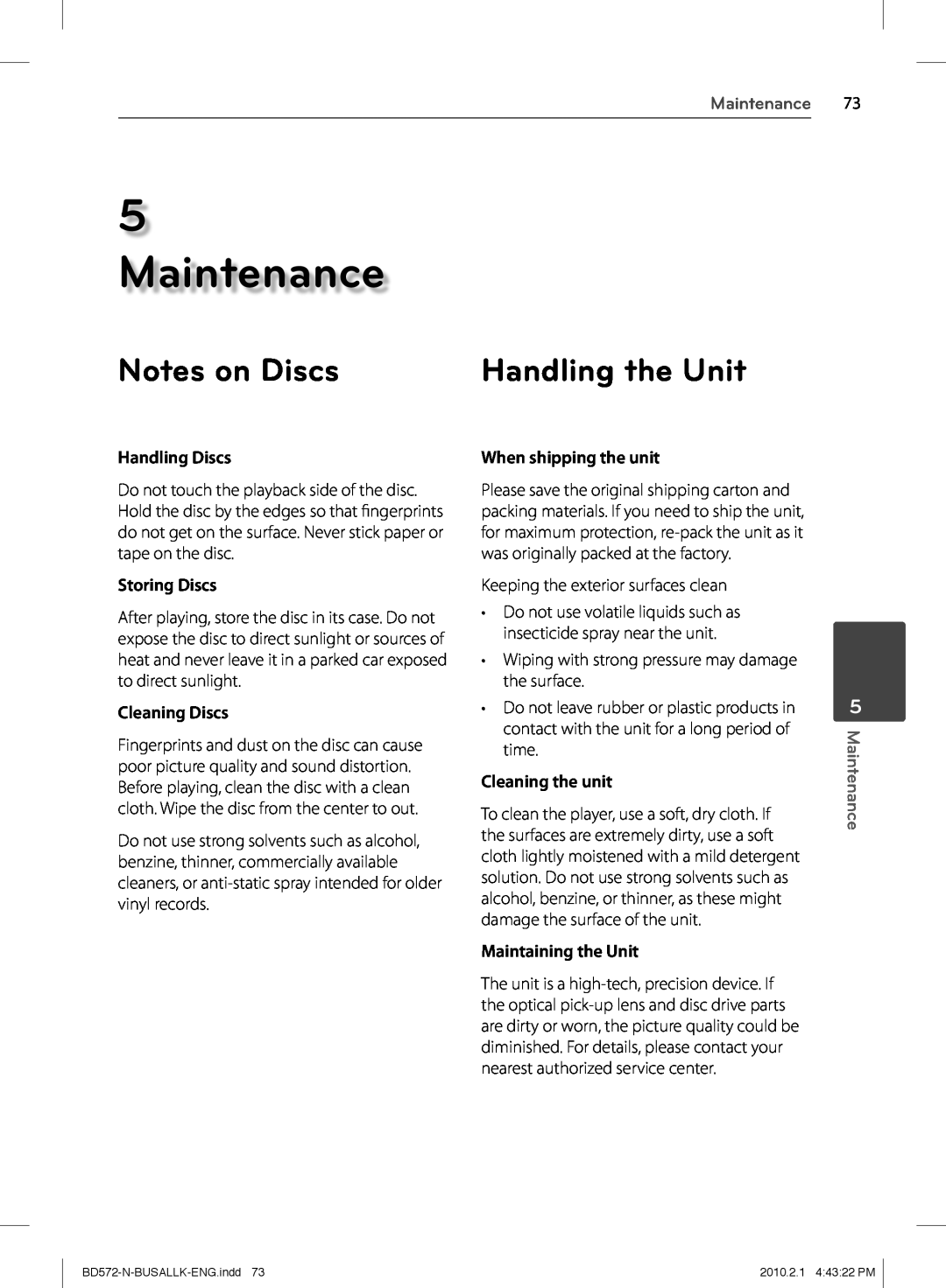 LG Electronics BD570 owner manual Maintenance, Notes on Discs, Handling the Unit 