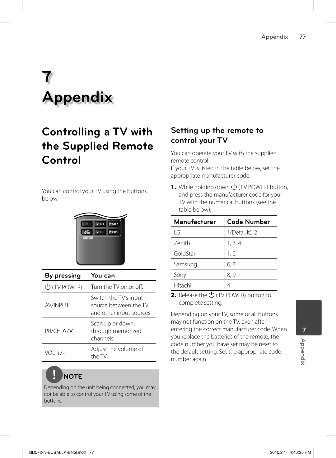 LG Electronics BD570 Appendix, Controlling a TV with the Supplied Remote Control, Setting up the remote to control your TV 