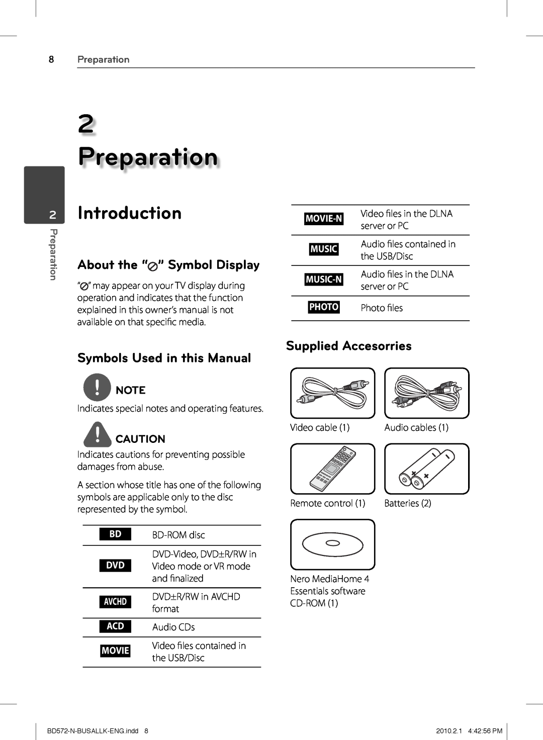 LG Electronics BD570 owner manual Preparation, Introduction, Supplied Accesorries Symbols Used in this Manual 