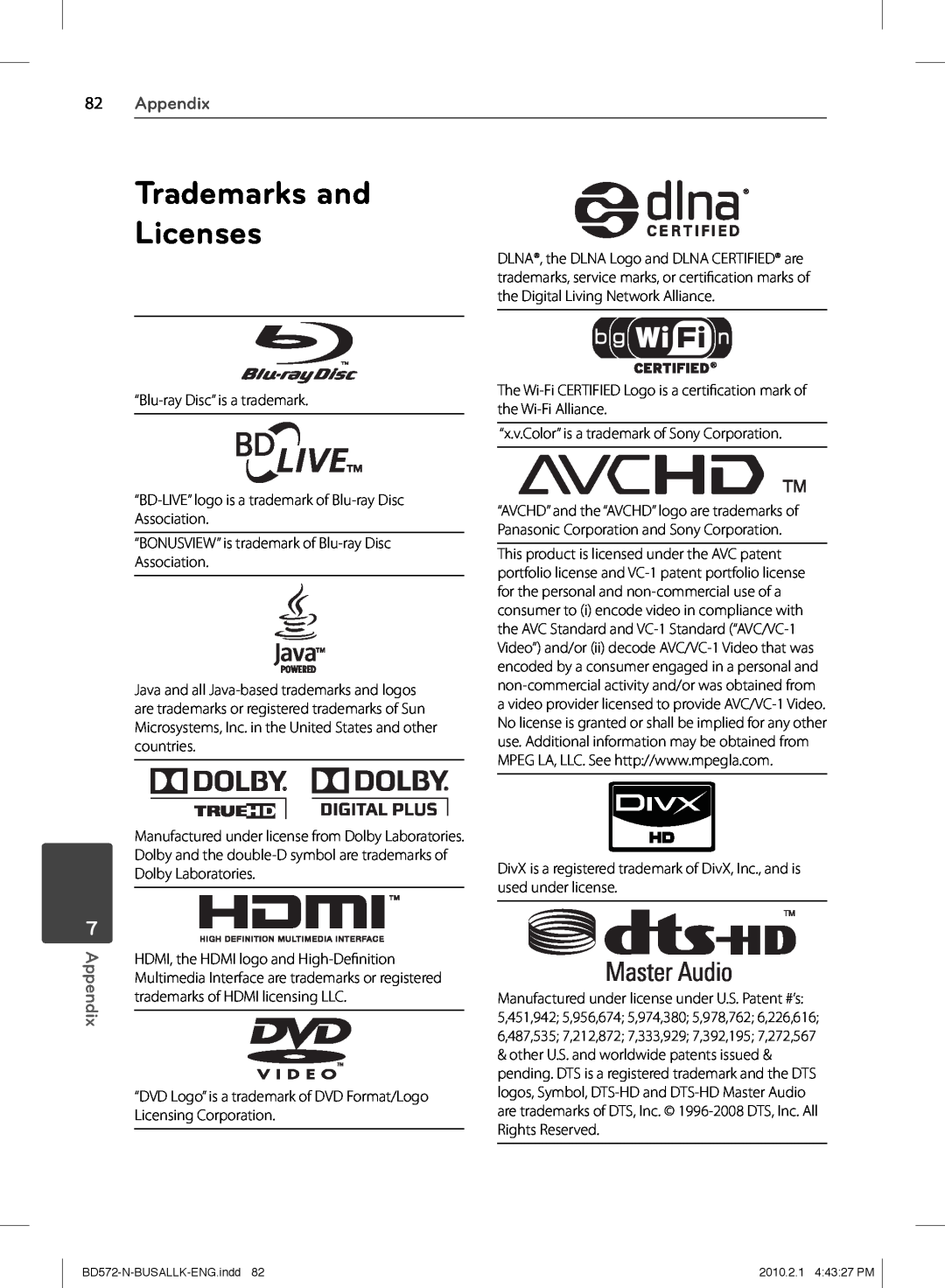 LG Electronics BD570 owner manual Trademarks and Licenses, Appendix 