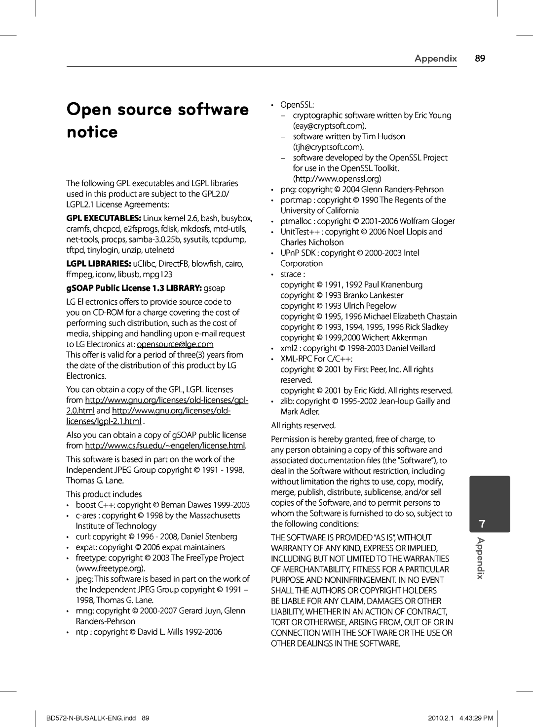 LG Electronics BD570 owner manual Open source software notice, Appendix, gSOAP Public License 1.3 LIBRARY gsoap 