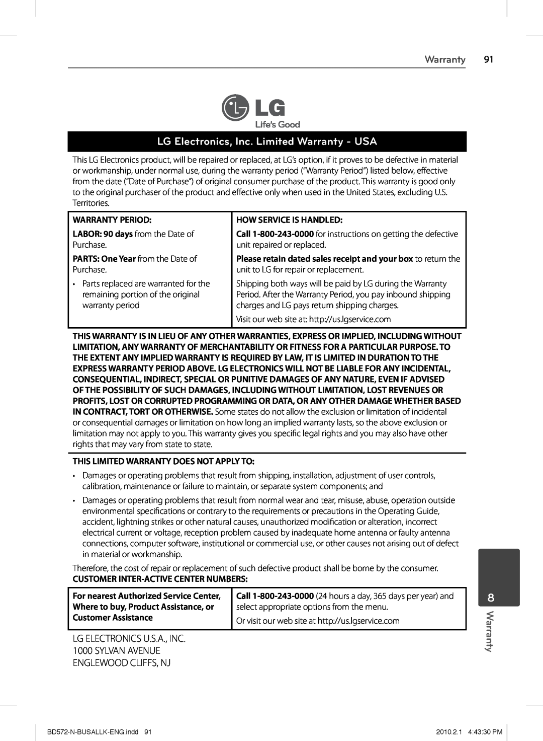 LG Electronics BD570 owner manual LG Electronics, Inc. Limited Warranty - USA, Warranty Period, How Service Is Handled 