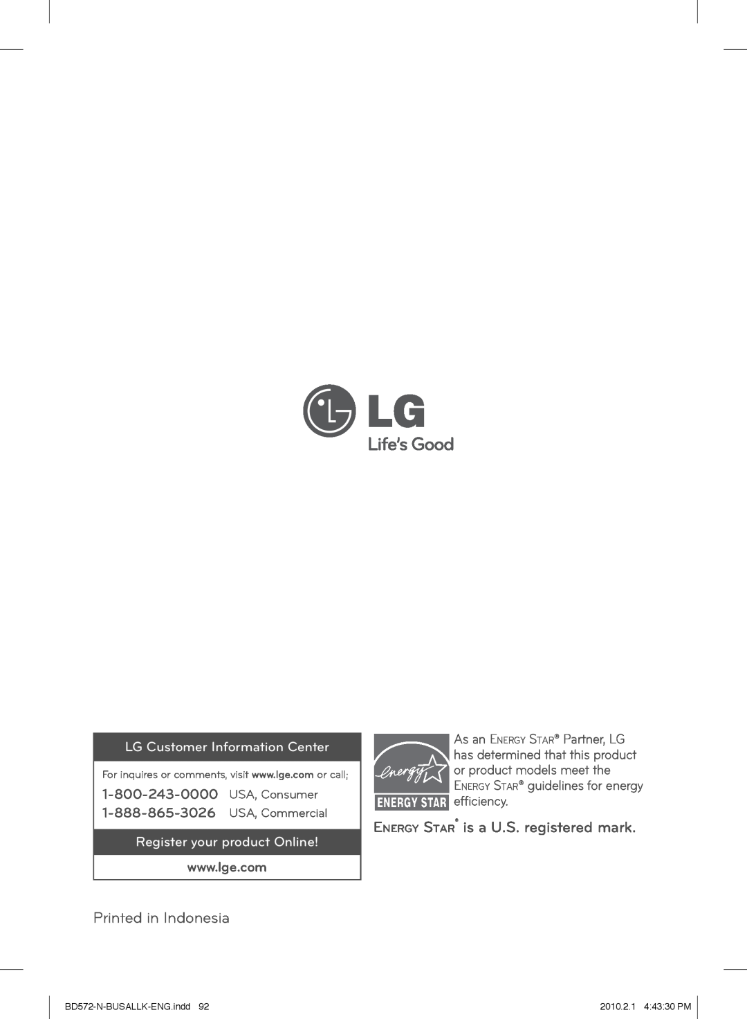 LG Electronics BD570 Printed in Indonesia, ENERGY STAR is a U.S. registered mark, LG Customer Information Center 