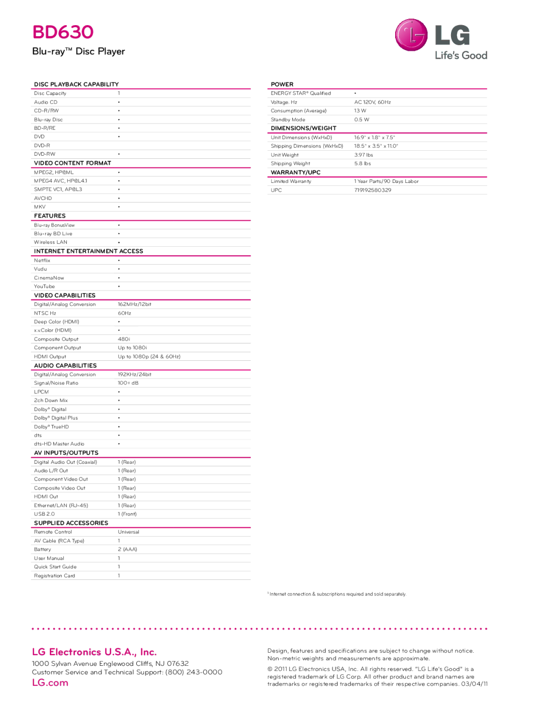 LG Electronics BD630 manual Disc Playback Capability, Video Content Format, Features, Internet Entertainment Access, Power 