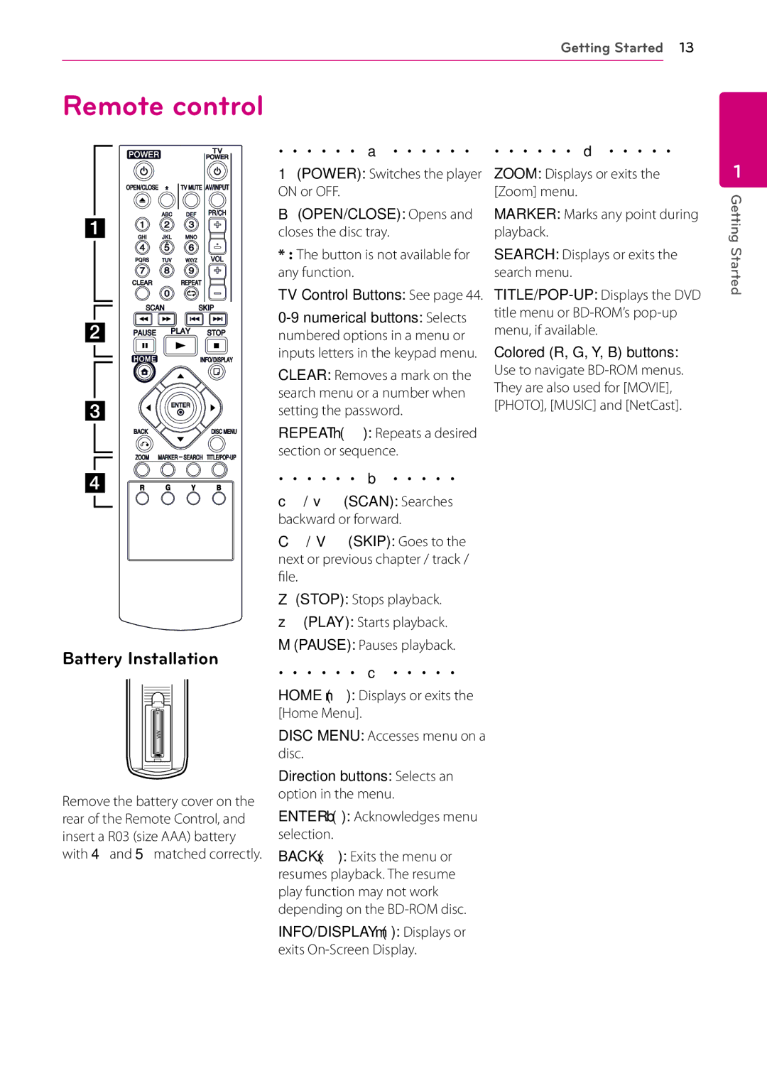 LG Electronics BD630C owner manual Remote control, Battery Installation, BOPEN/CLOSE Opens and closes the disc tray 