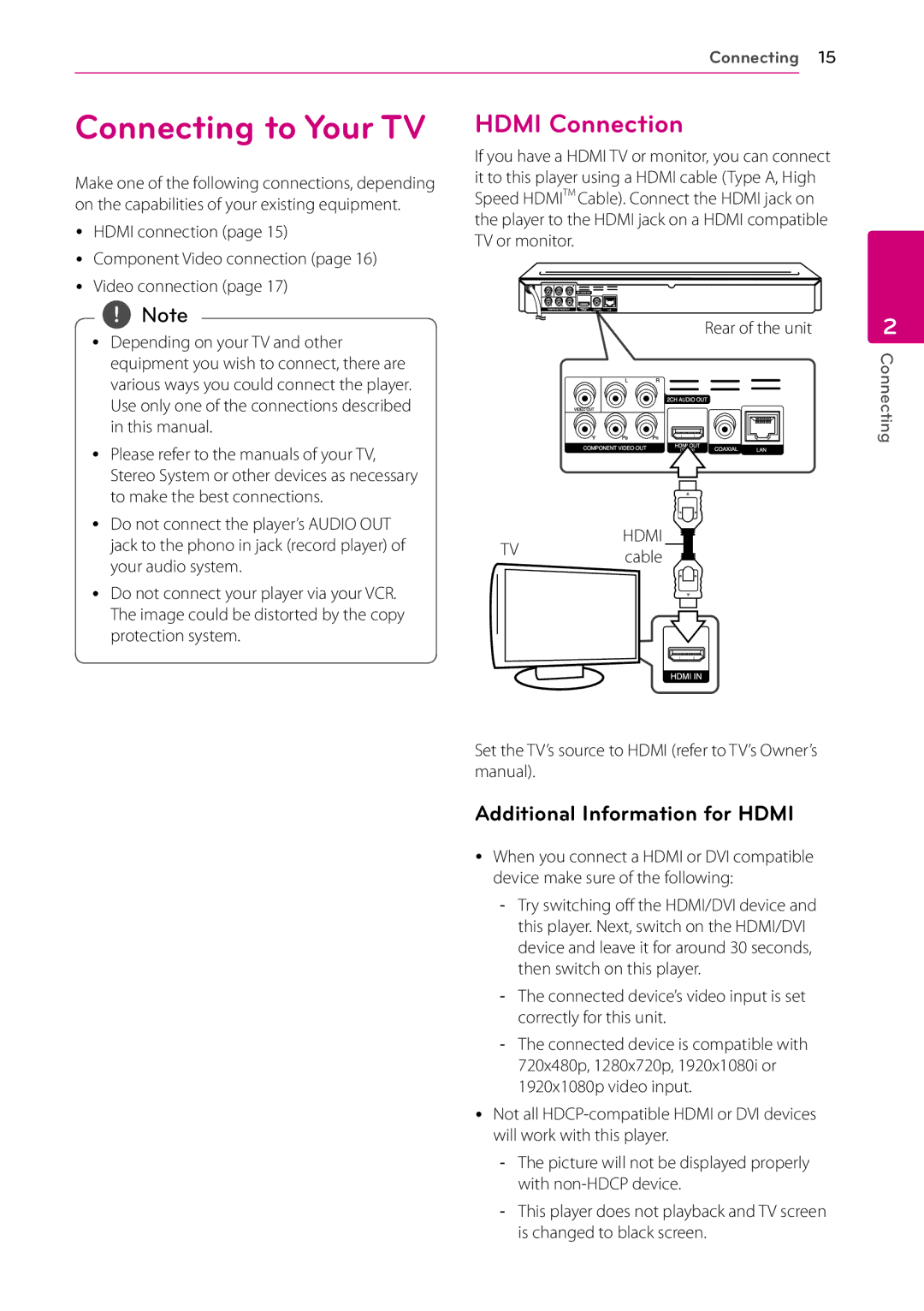 LG Electronics BD630C Connecting to Your TV, Hdmi Connection, Additional Information for Hdmi, Yy Hdmi connection, TVcable 