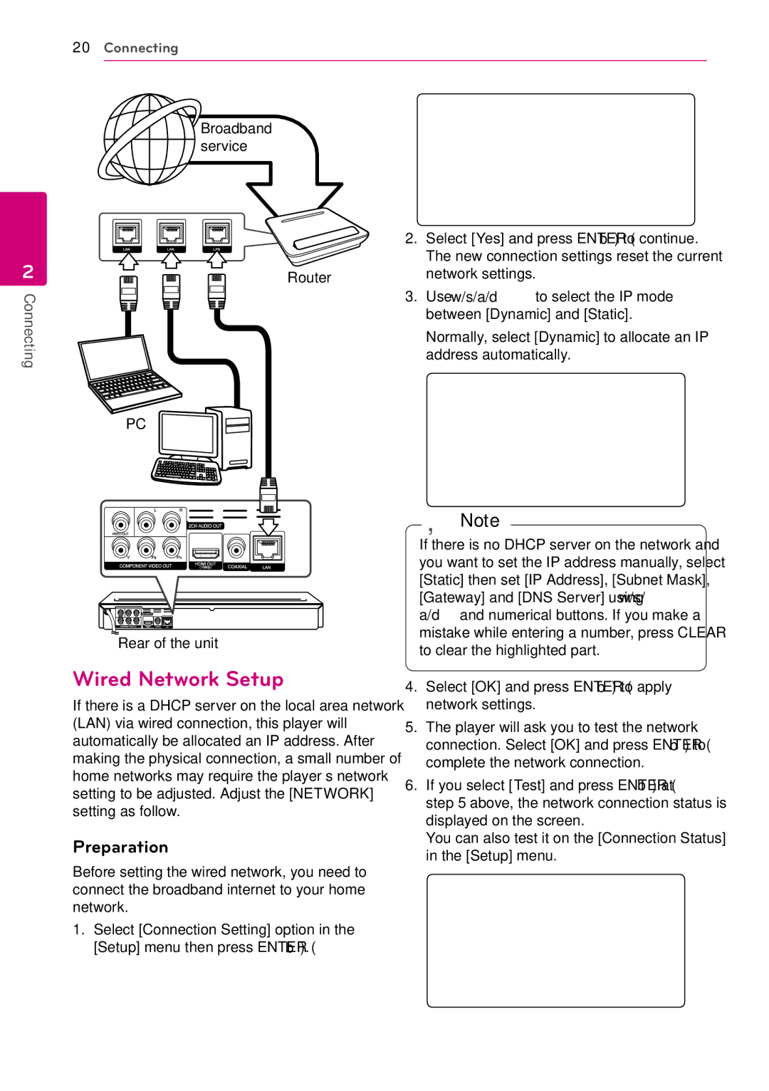 LG Electronics BD630C owner manual Wired Network Setup, Preparation, Router Rear of the unit 