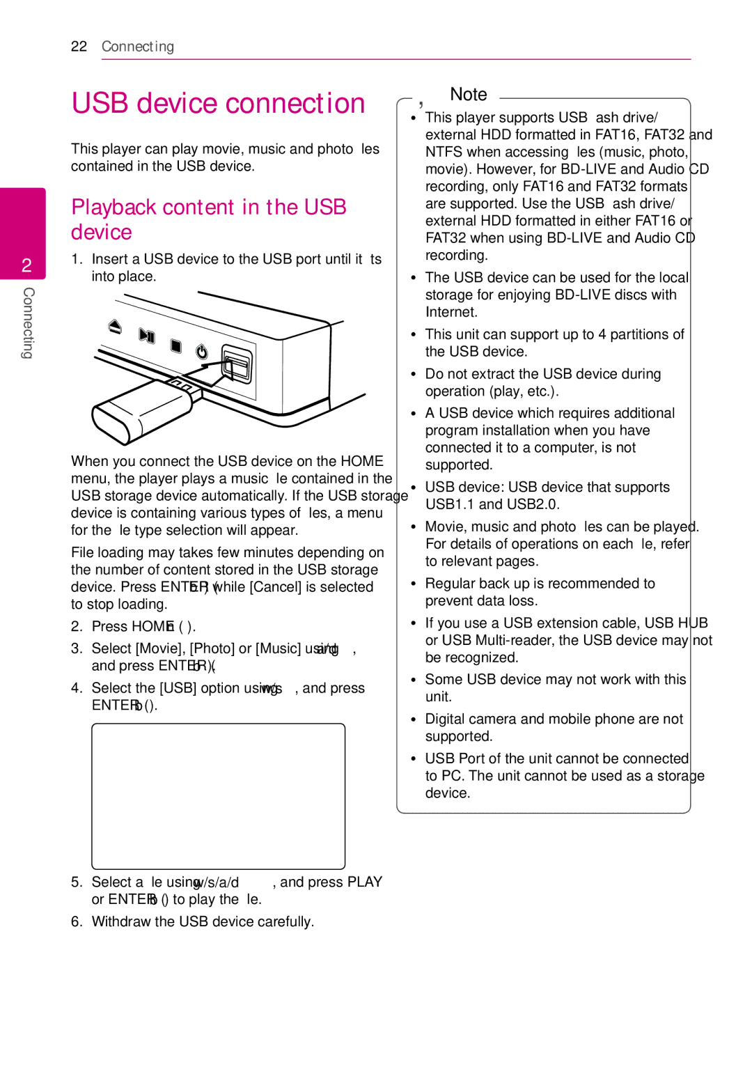 LG Electronics BD630C owner manual USB device connection, Playback content in the USB device 