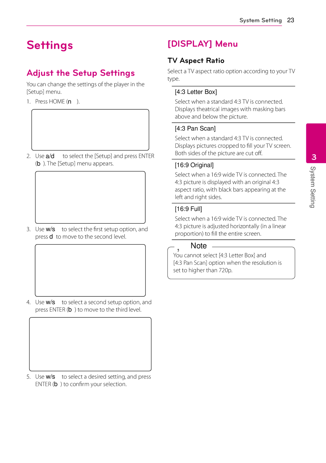 LG Electronics BD630C owner manual Adjust the Setup Settings, Display Menu, TV Aspect Ratio 