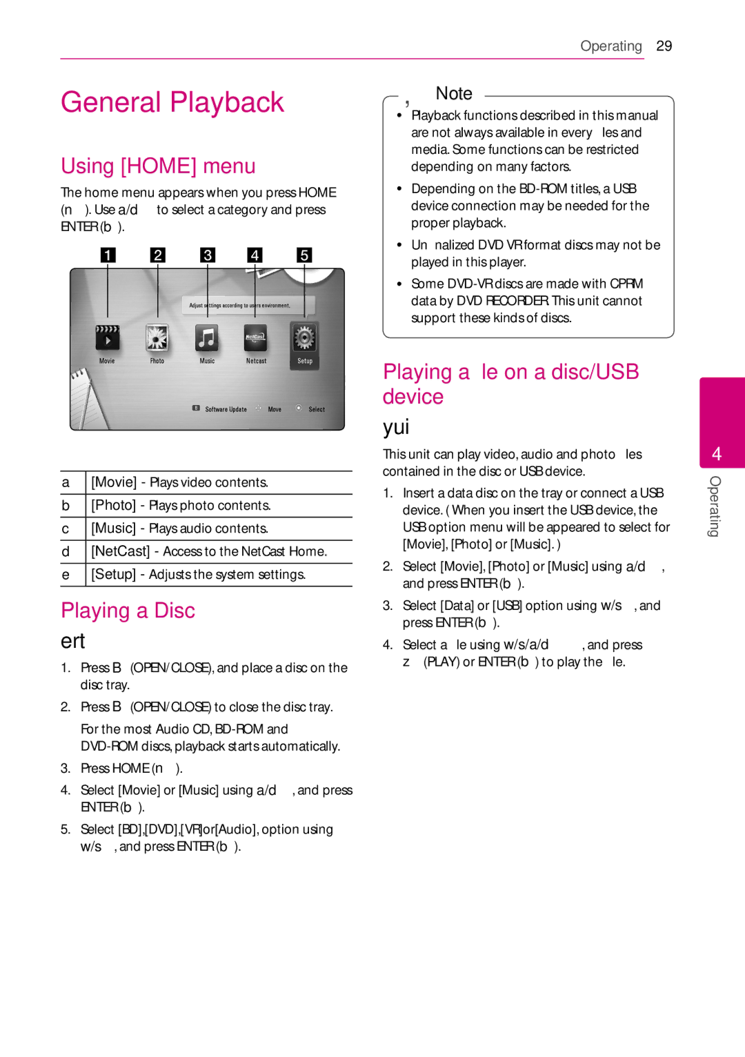 LG Electronics BD630C owner manual General Playback, Using Home menu, Playing a Disc, Playing a file on a disc/USB device 