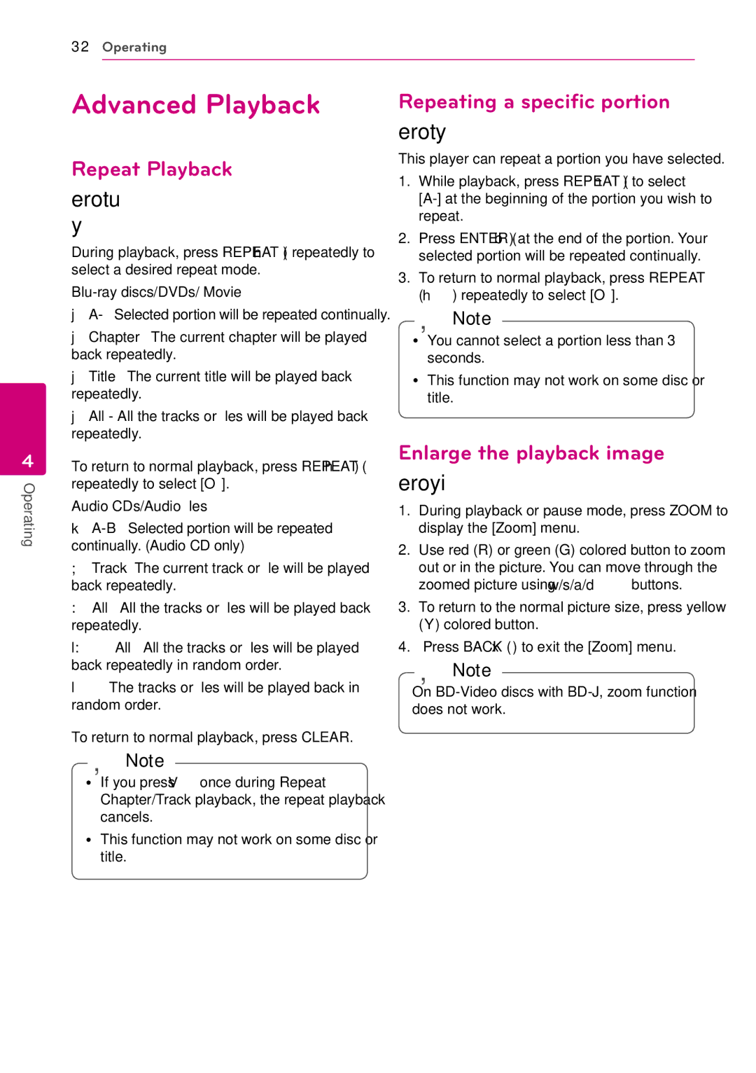 LG Electronics BD630C Advanced Playback, Repeat Playback, Repeating a specific portion, Enlarge the playback image 