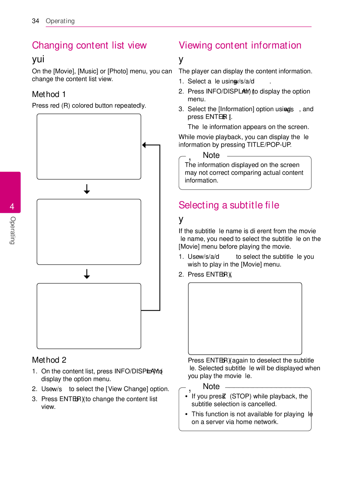 LG Electronics BD630C Changing content list view, Viewing content information, Selecting a subtitle file, Method 