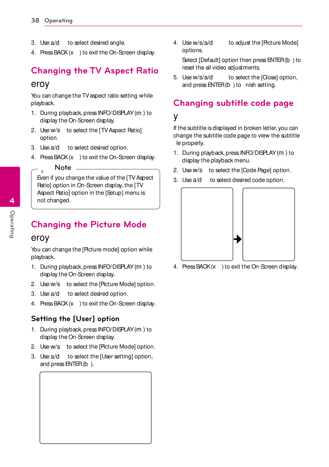 LG Electronics BD630C owner manual Changing the TV Aspect Ratio, Changing the Picture Mode, Setting the User option 