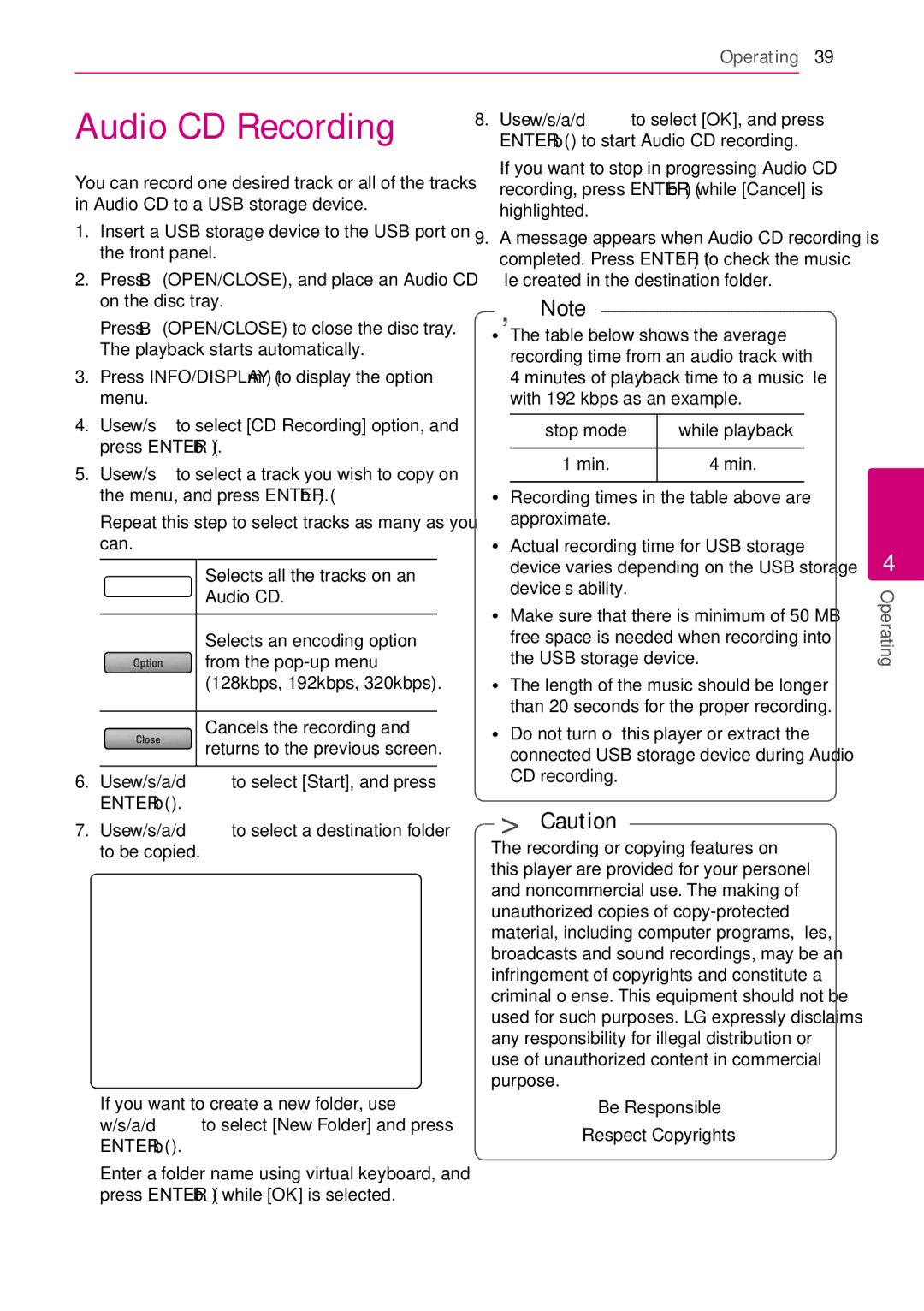 LG Electronics BD630C owner manual Audio CD Recording 