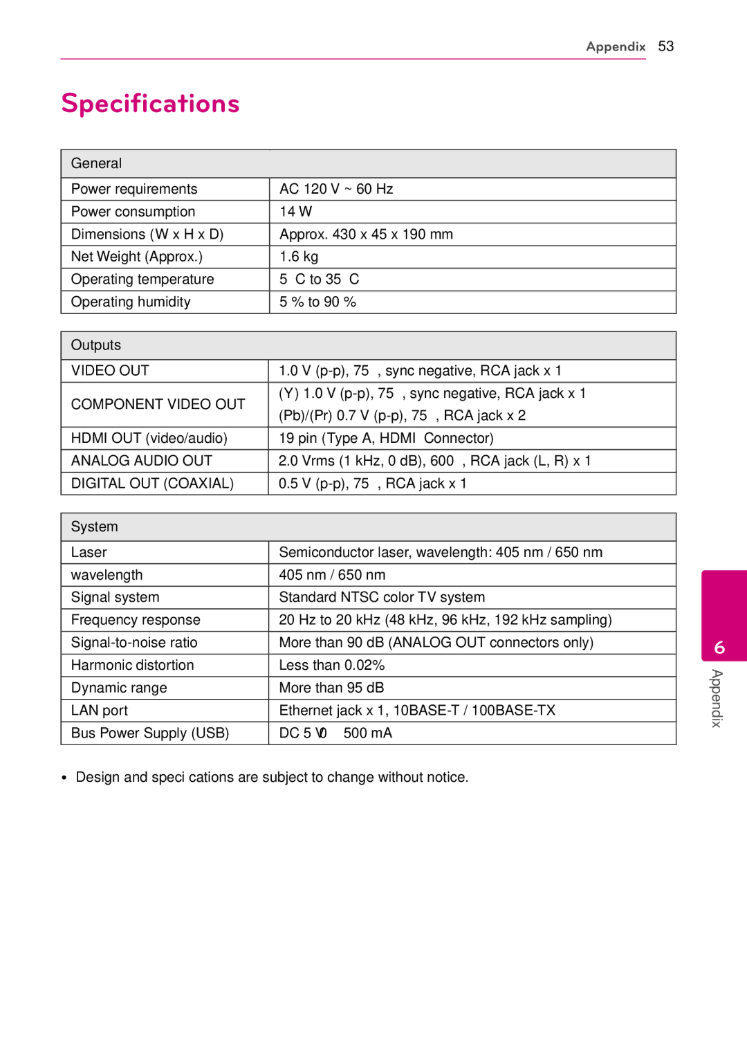 LG Electronics BD630C owner manual Specifications 