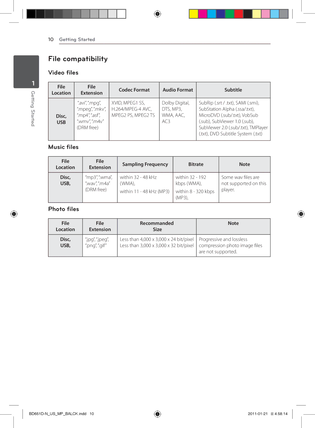 LG Electronics BD640 owner manual File compatibility, Video files, Music files, Photo files 