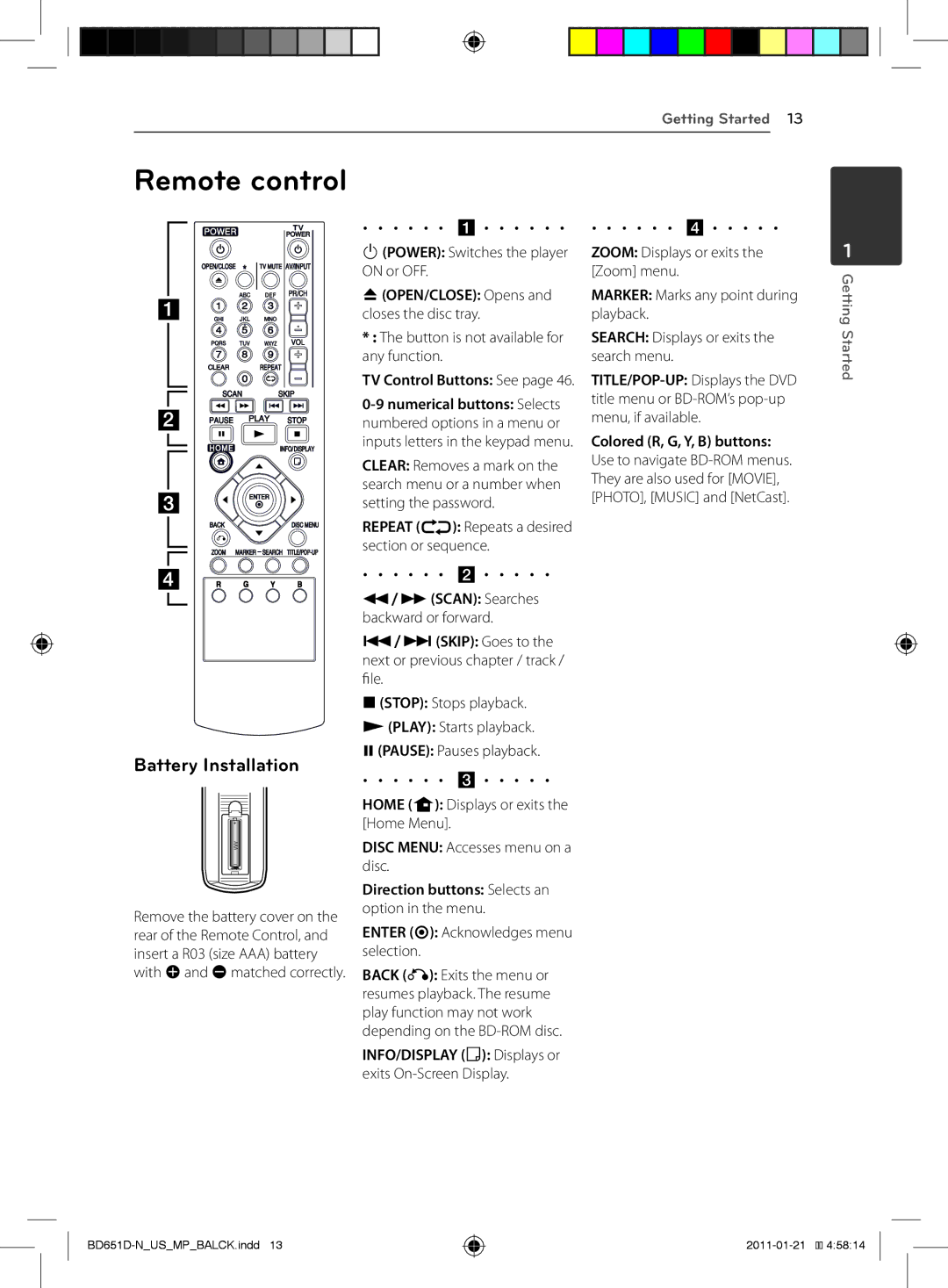 LG Electronics BD640 owner manual Remote control, Battery Installation, BOPEN/CLOSE Opens and closes the disc tray 