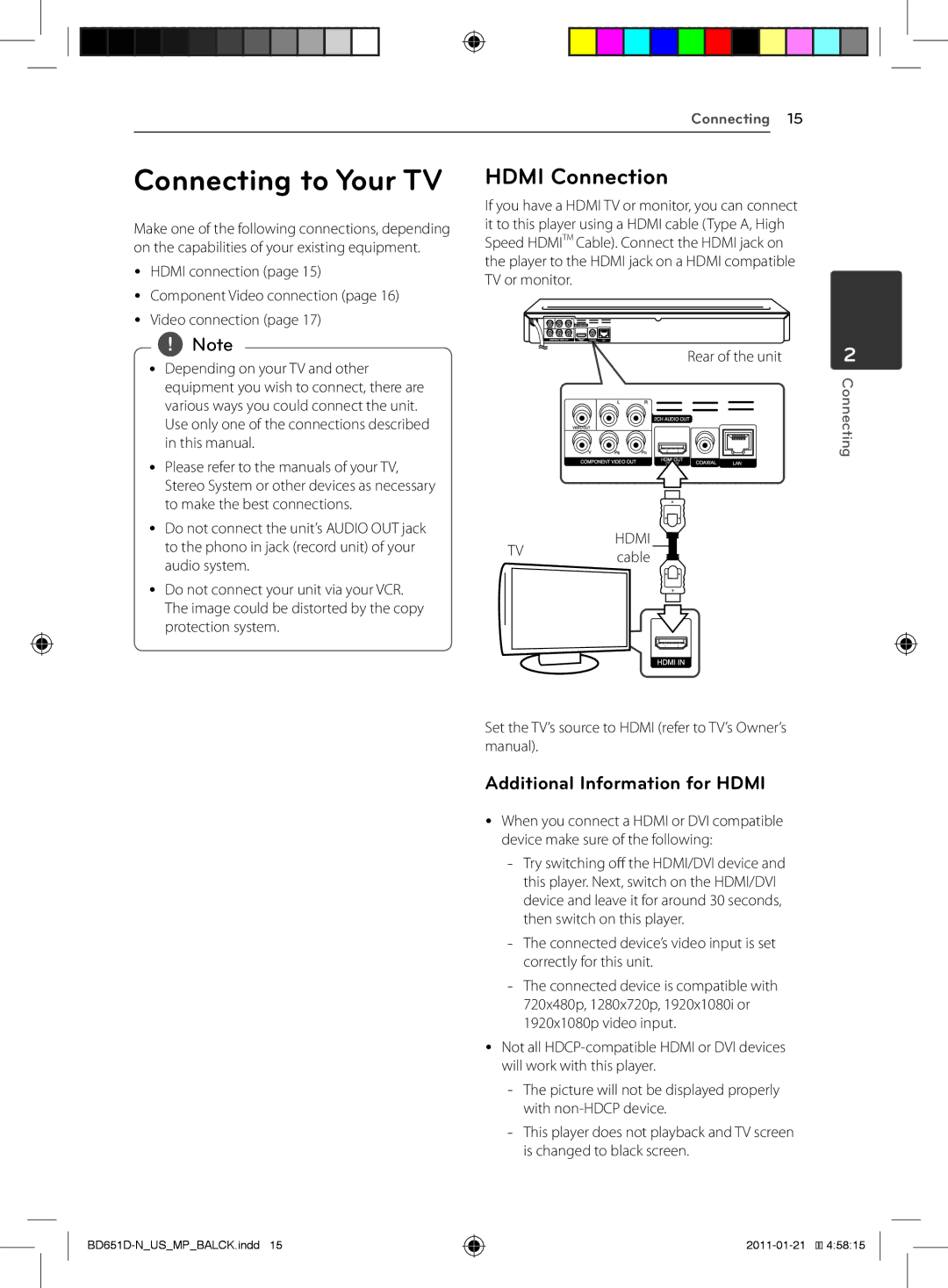 LG Electronics BD640 Connecting to Your TV, Hdmi Connection, Additional Information for Hdmi, Yy Hdmi connection, TVcable 