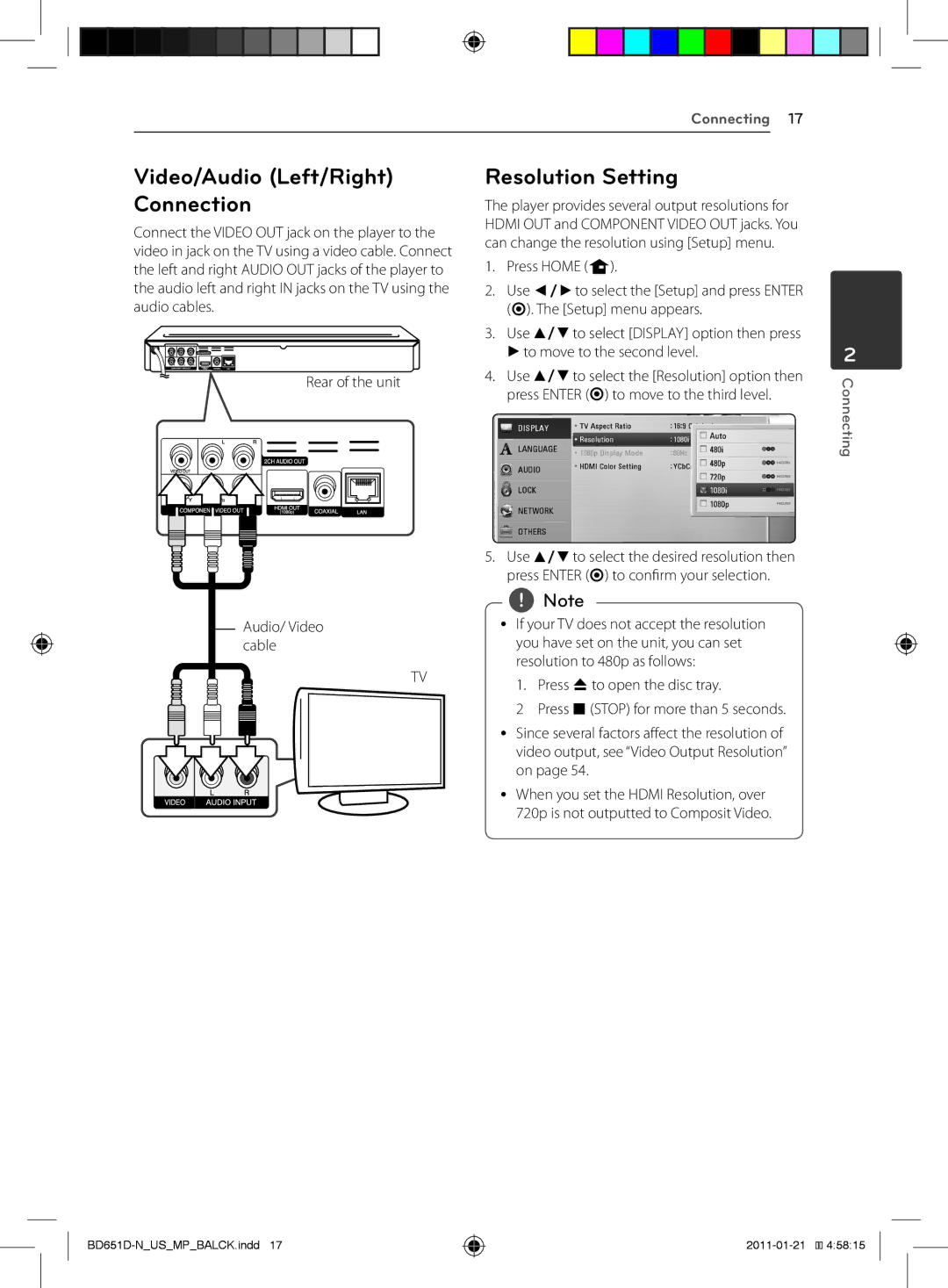 LG Electronics BD640 owner manual Video/Audio Left/Right Connection, Resolution Setting 