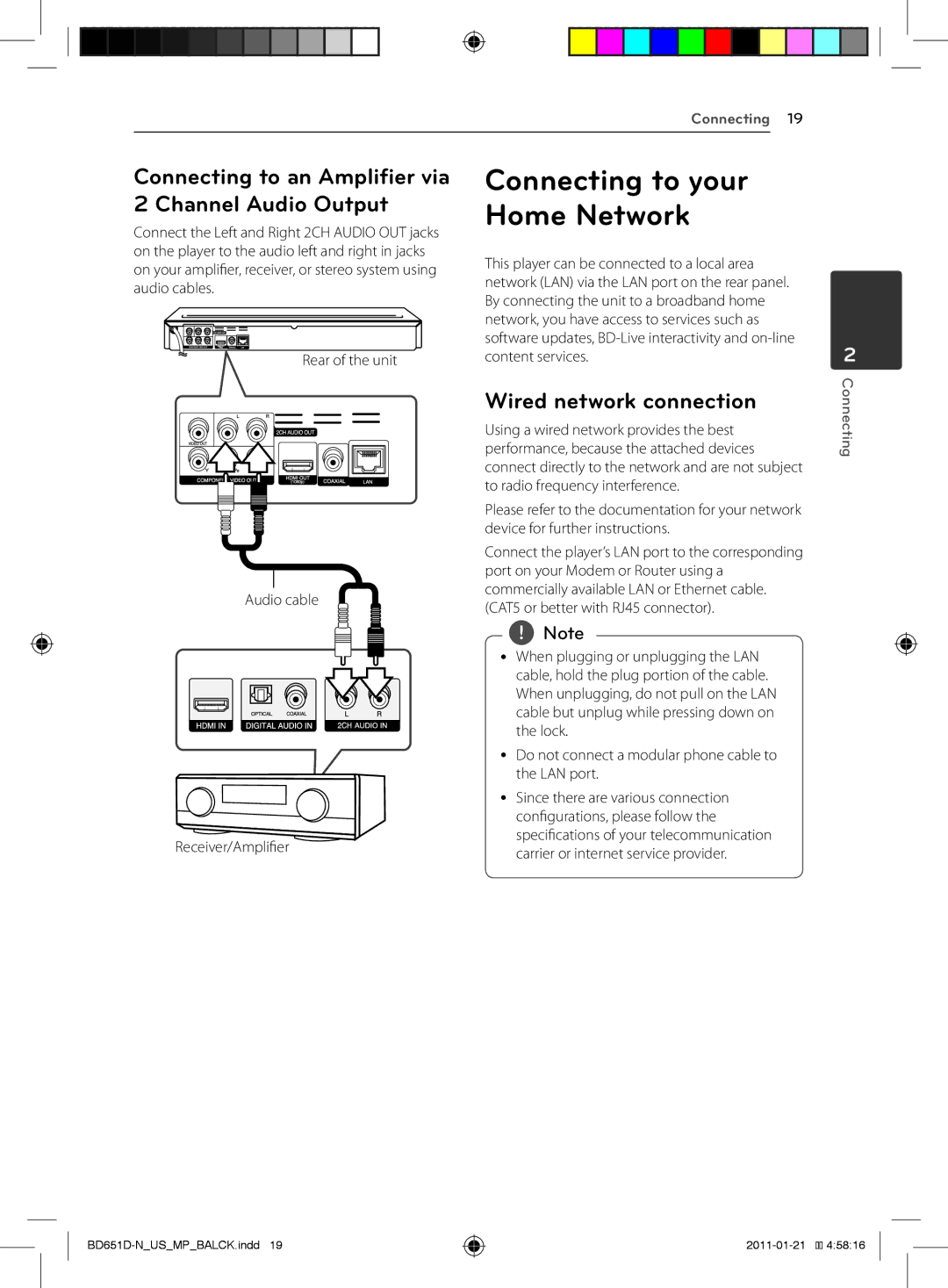 LG Electronics BD640 owner manual Connecting to an Amplifier via 2 Channel Audio Output, Wired network connection 