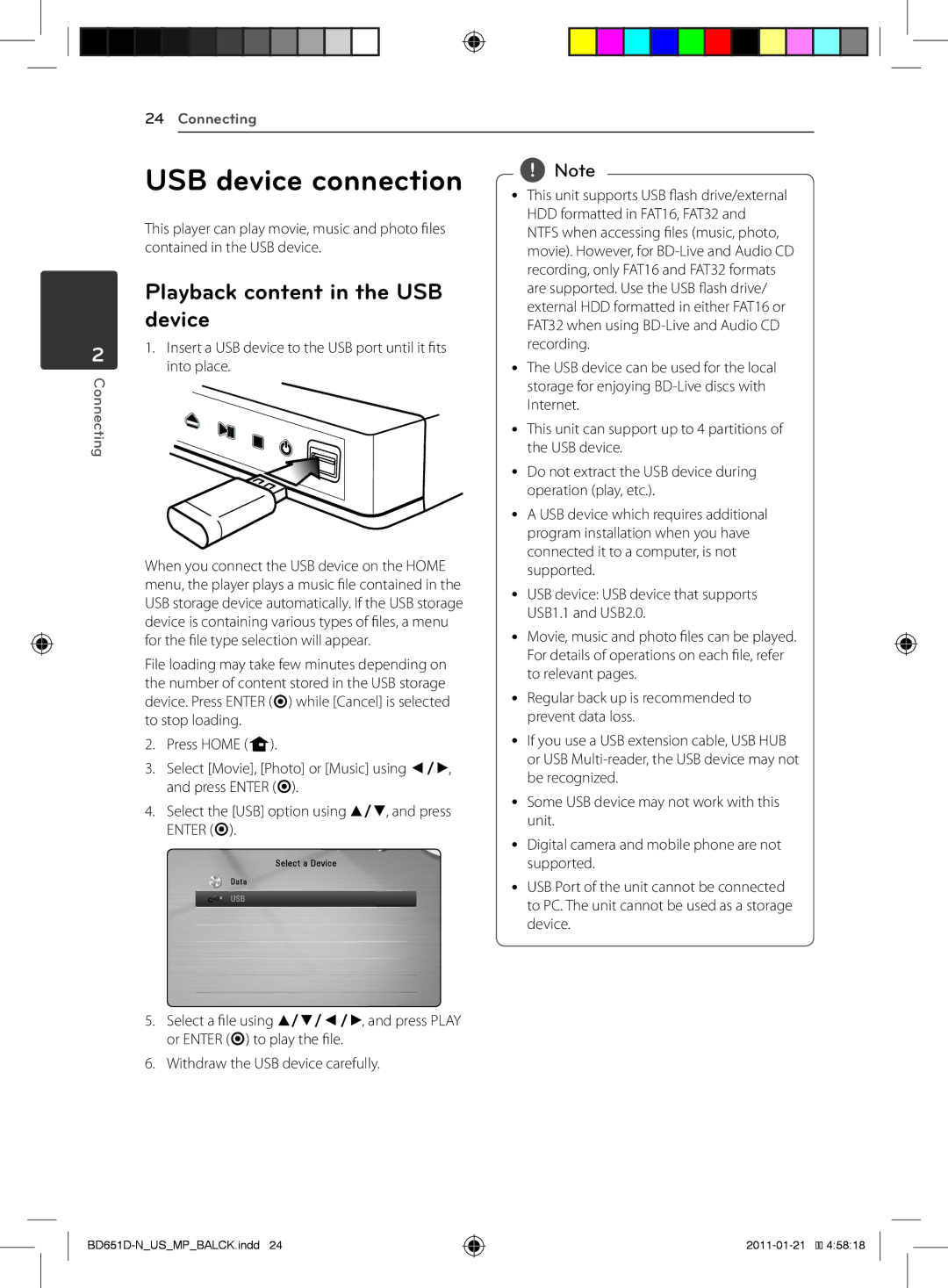 LG Electronics BD640 owner manual USB device connection, Playback content in the USB device 