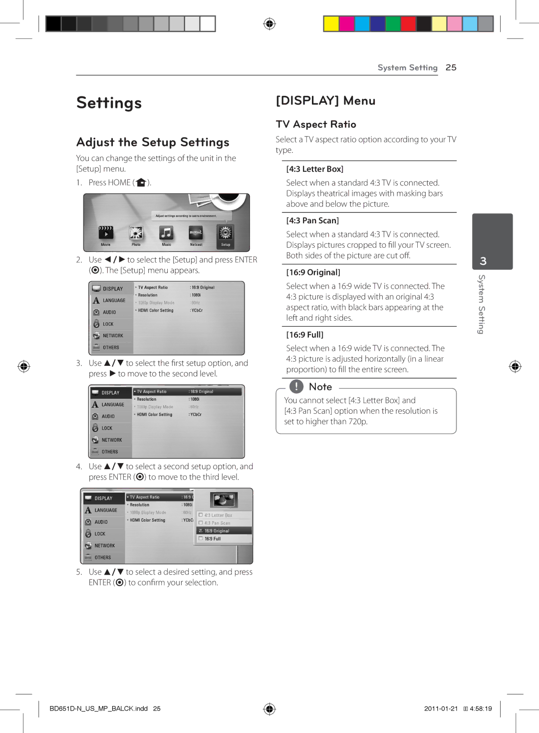 LG Electronics BD640 owner manual Adjust the Setup Settings, Display Menu, TV Aspect Ratio 