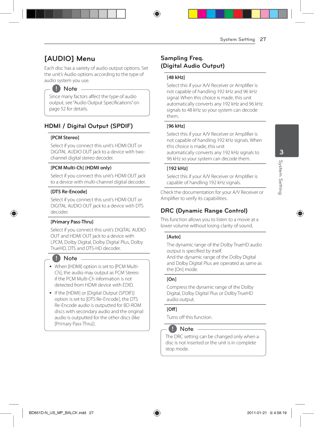 LG Electronics BD640 owner manual Audio Menu, Hdmi / Digital Output Spdif, Sampling Freq Digital Audio Output 