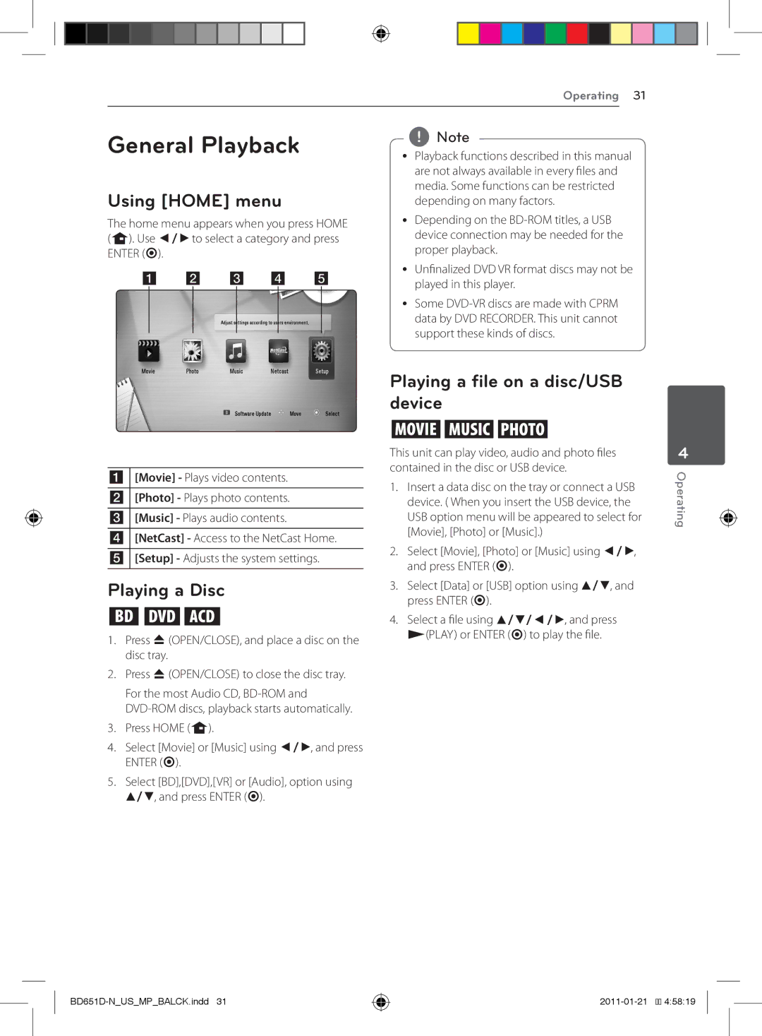 LG Electronics BD640 owner manual General Playback, Using Home menu, Playing a Disc, Playing a file on a disc/USB device 