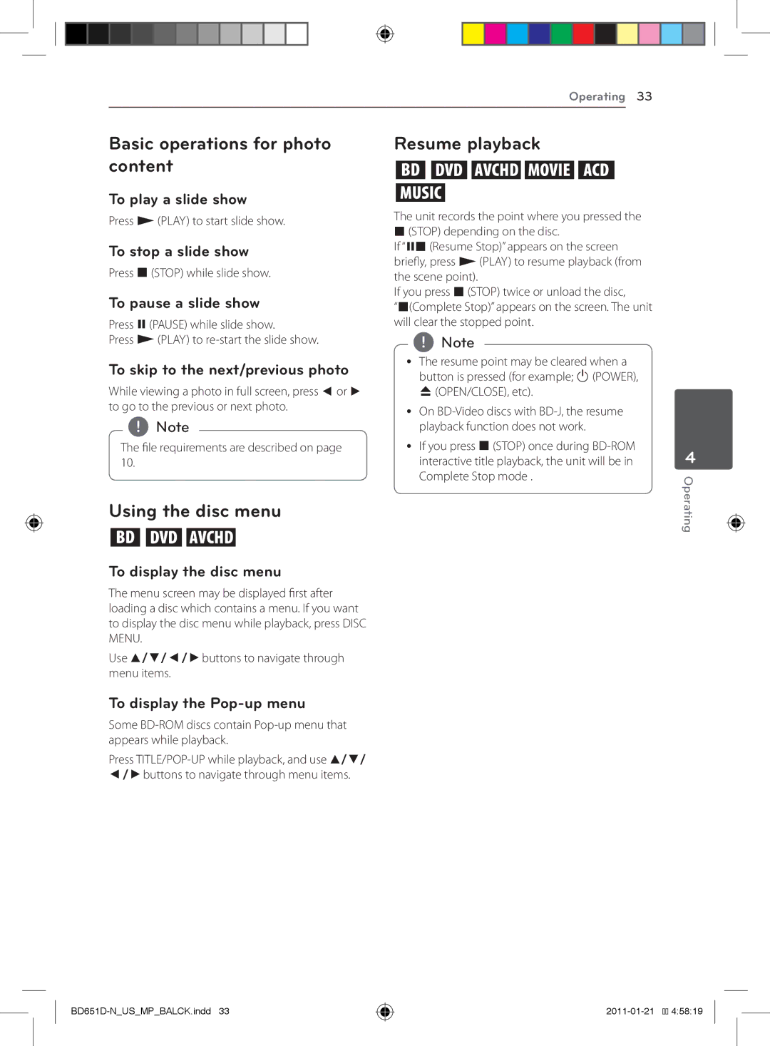 LG Electronics BD640 owner manual Basic operations for photo content, Resume playback, Using the disc menu 