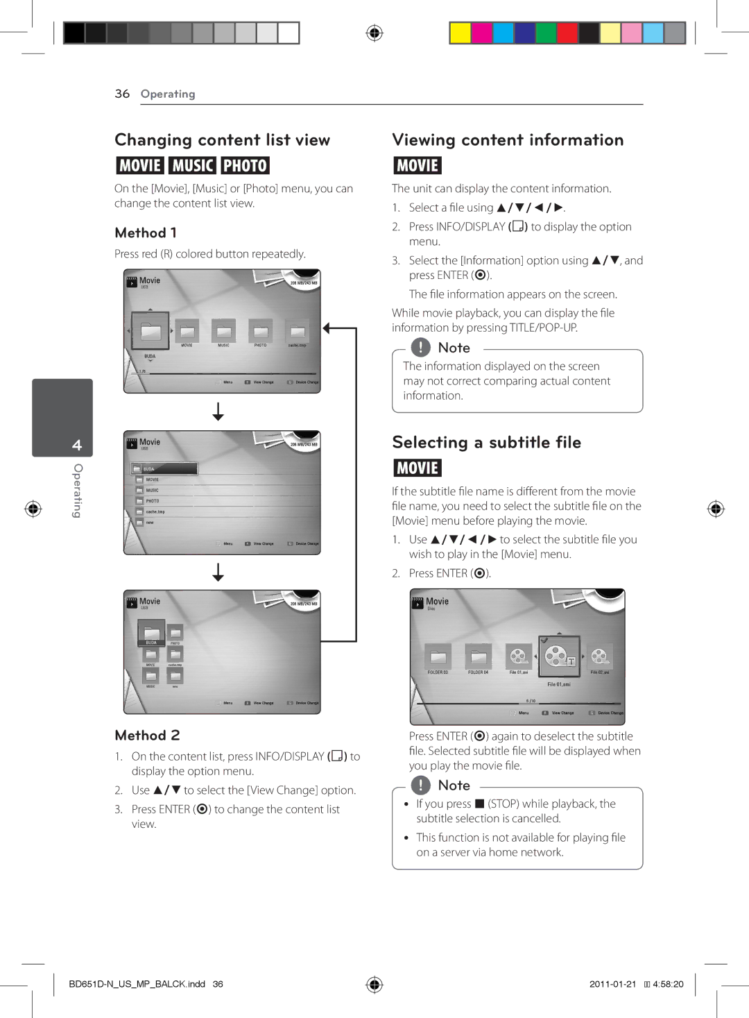 LG Electronics BD640 Changing content list view, Viewing content information, Selecting a subtitle file, Method 