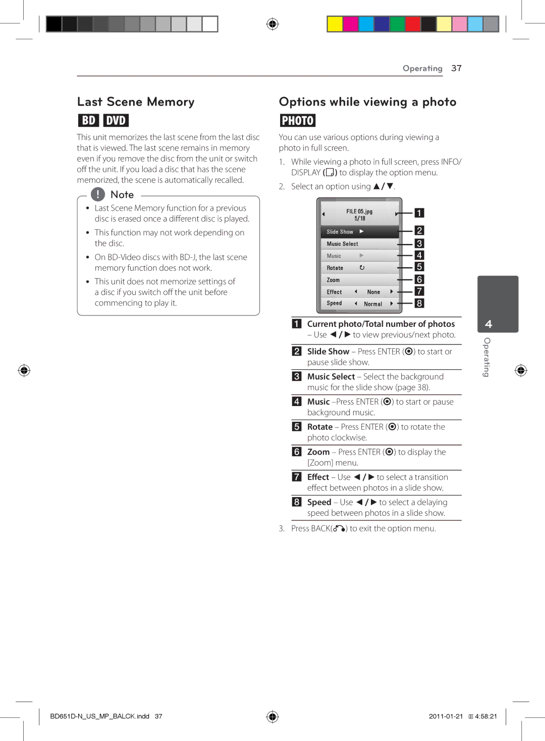 LG Electronics BD640 owner manual Last Scene Memory, Options while viewing a photo, Current photo/Total number of photos 