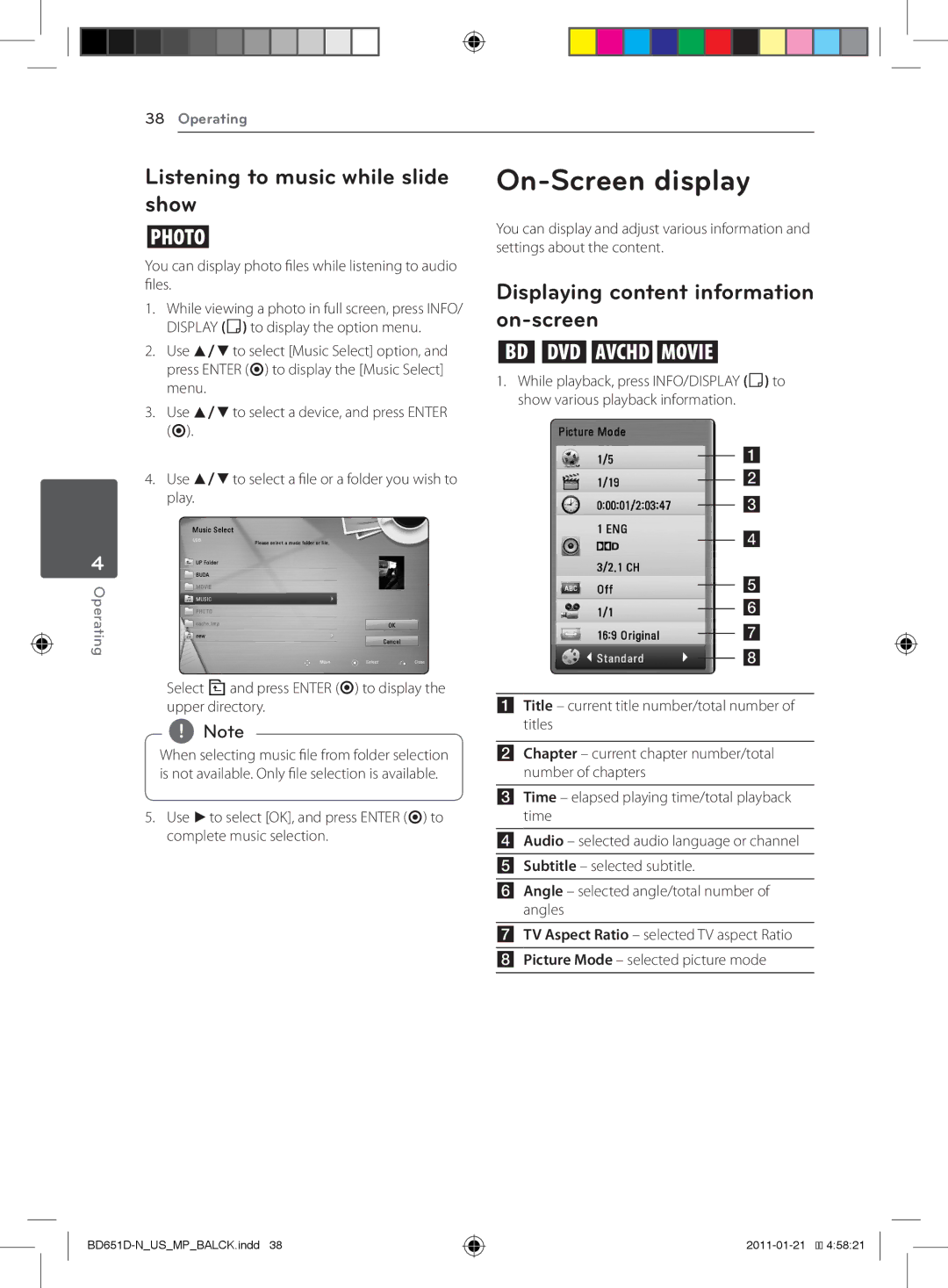 LG Electronics BD640 On-Screen display, Listening to music while slide show, Displaying content information on-screen 