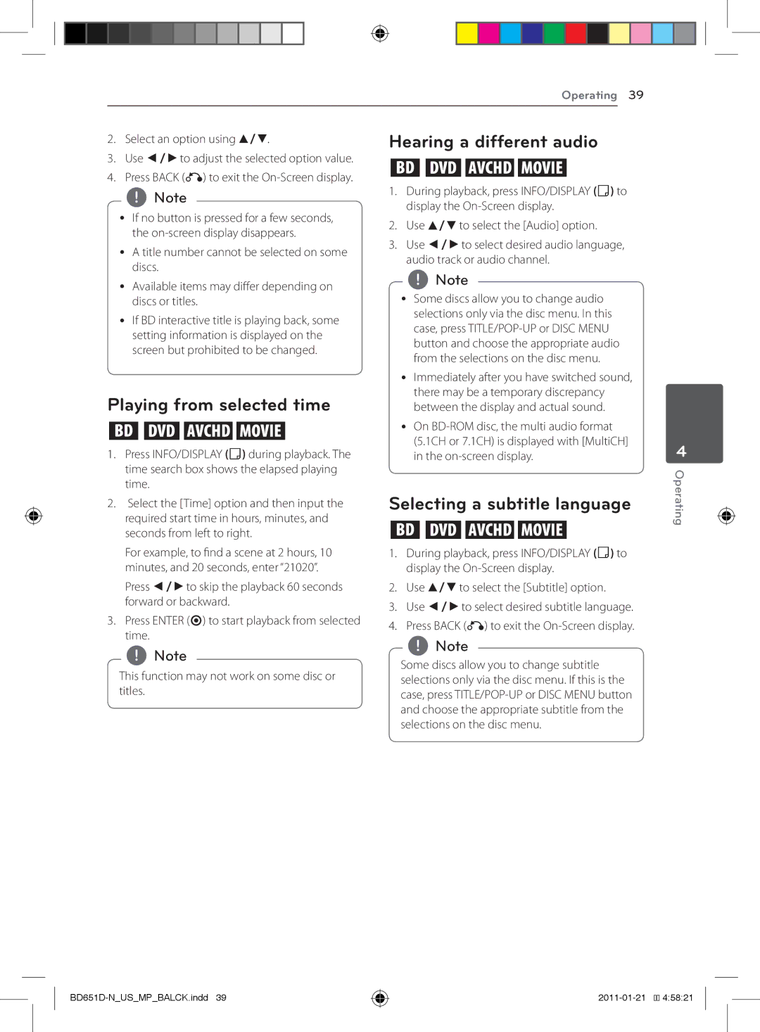 LG Electronics BD640 owner manual Hearing a different audio, Playing from selected time, Selecting a subtitle language 