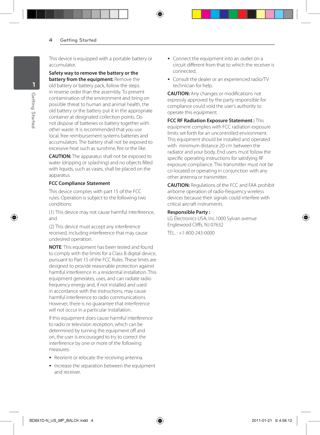 LG Electronics BD640 Safety way to remove the battery or, Battery from the equipment Remove, FCC Compliance Statement 