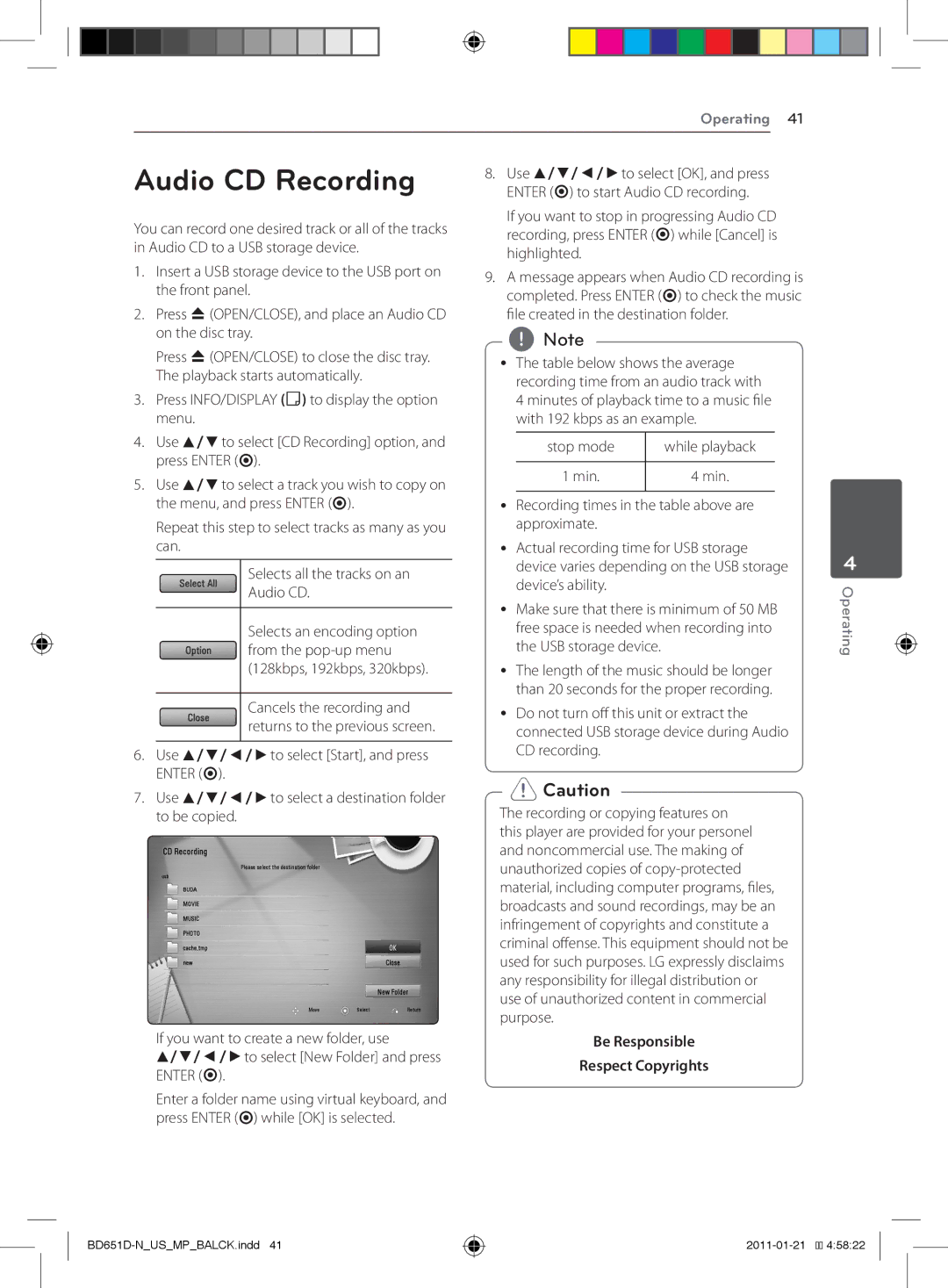 LG Electronics BD640 owner manual Audio CD Recording 