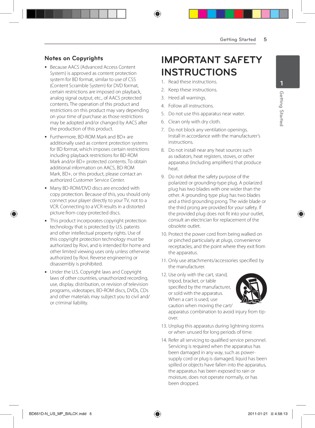 LG Electronics BD640 owner manual Important Safety Instructions, Apparatus combination to avoid injury from tip- over 