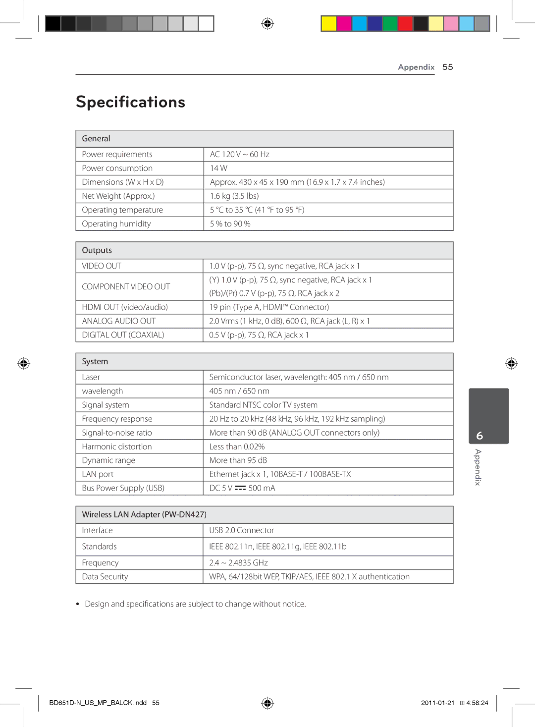 LG Electronics BD640 owner manual Specifications 